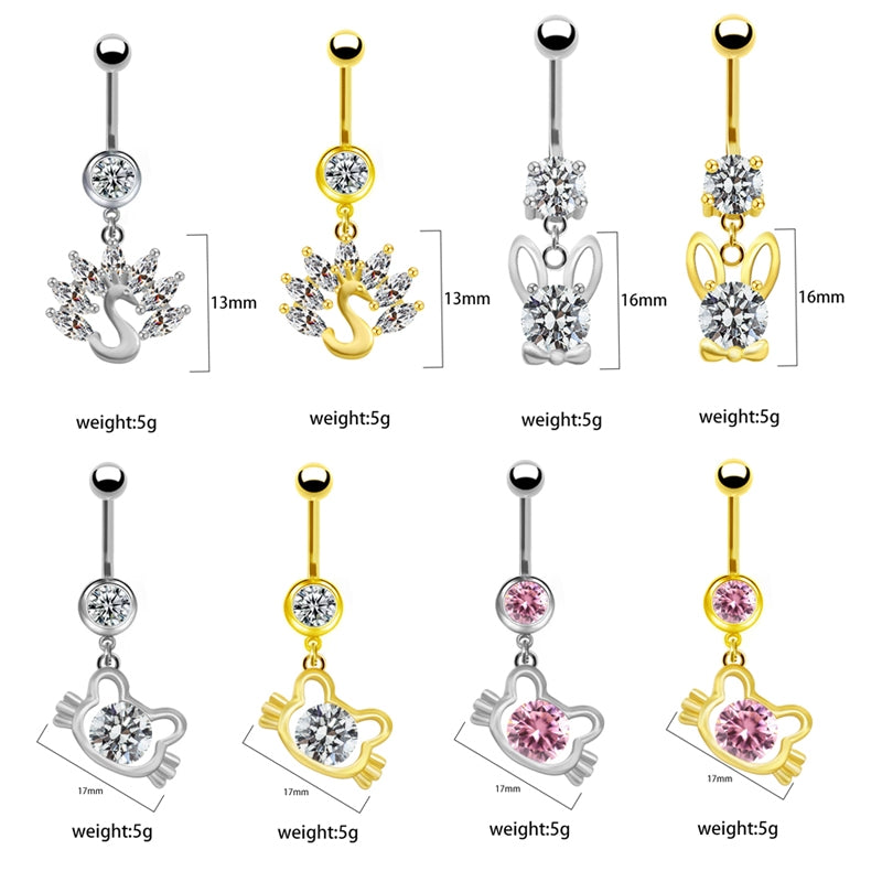 Elegant Cute Cat & Rabbit Zircon Navel Ring - Stainless Steel & Gold Plated Piercing Jewelry