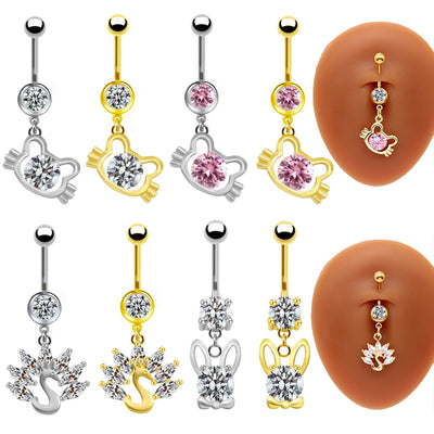 Elegant Cute Cat & Rabbit Zircon Navel Ring - Stainless Steel & Gold Plated Piercing Jewelry