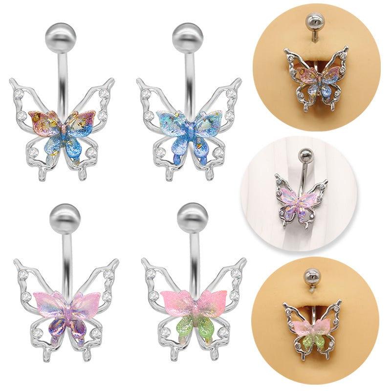 Elegant Tropical Butterfly Belly Ring - 316 Stainless Steel with Rhinestones