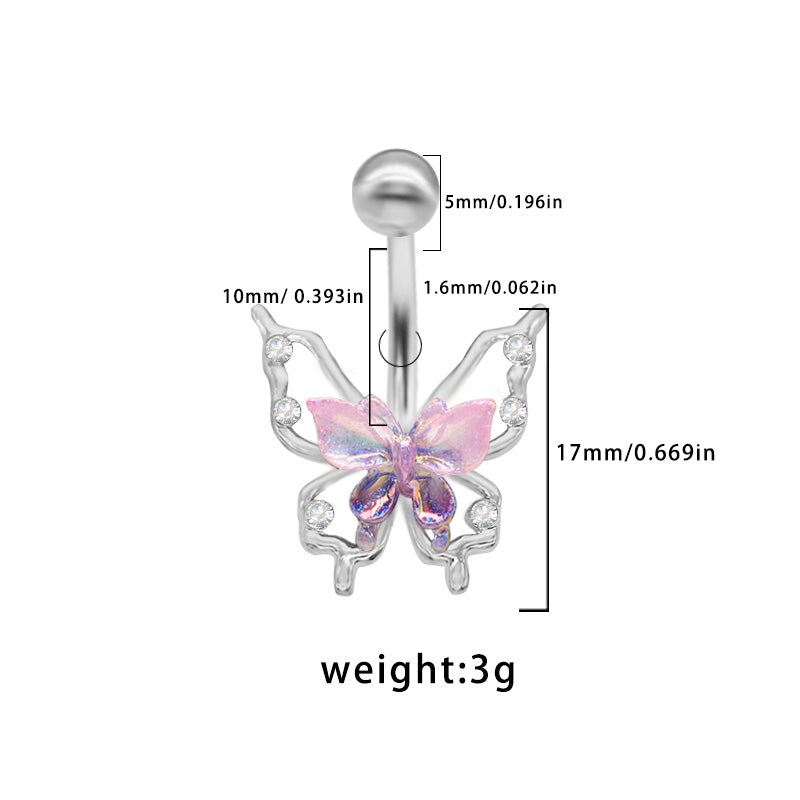 Elegant Tropical Butterfly Belly Ring - 316 Stainless Steel with Rhinestones