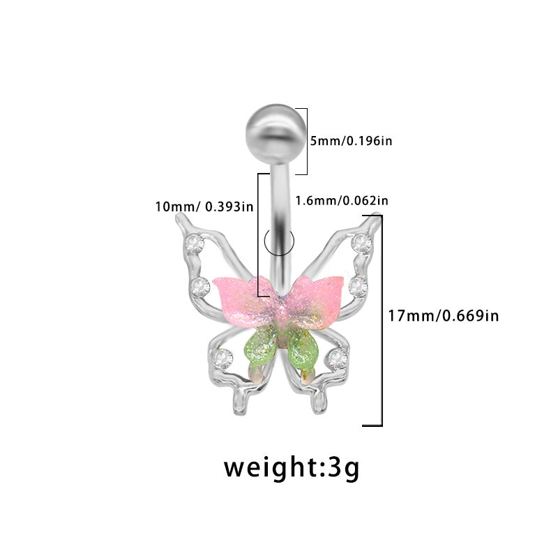 Elegant Tropical Butterfly Belly Ring - 316 Stainless Steel with Rhinestones