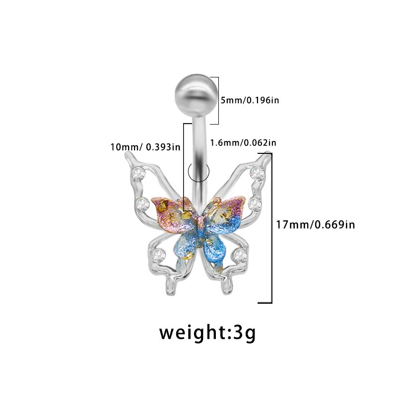 Elegant Tropical Butterfly Belly Ring - 316 Stainless Steel with Rhinestones