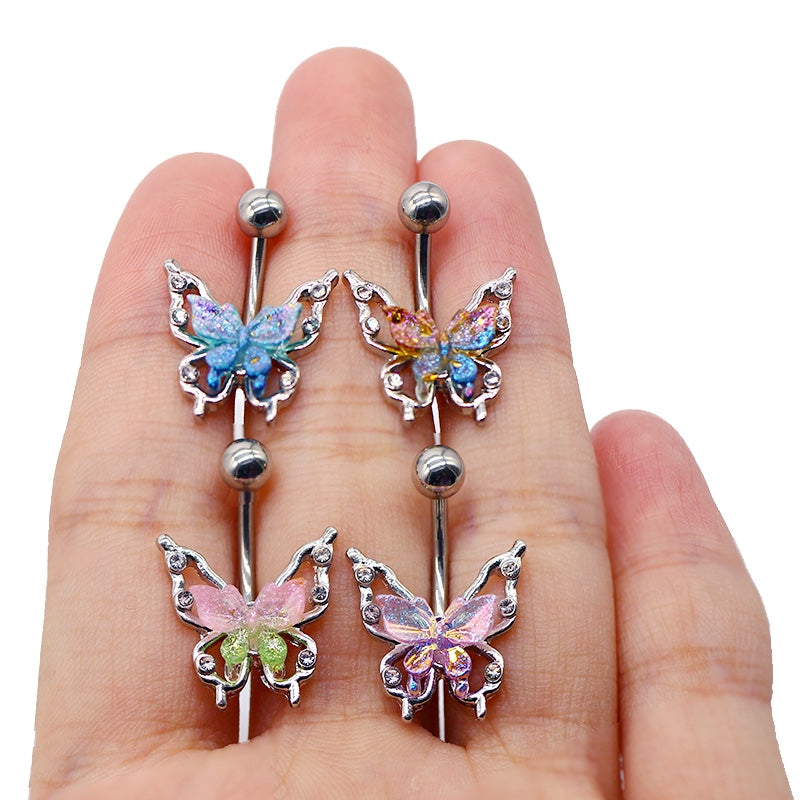 Elegant Tropical Butterfly Belly Ring - 316 Stainless Steel with Rhinestones