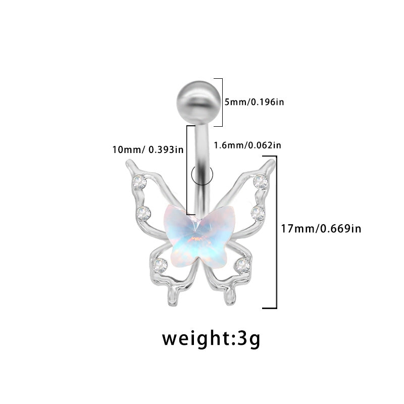 Elegant Tropical Butterfly Navel Ring - 316 Stainless Steel with Rhinestone and Acrylic Inlay