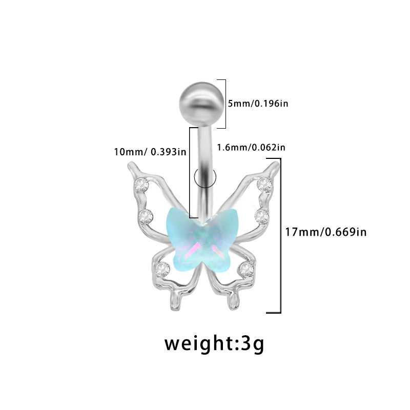 Elegant Tropical Butterfly Navel Ring - 316 Stainless Steel with Rhinestone and Acrylic Inlay