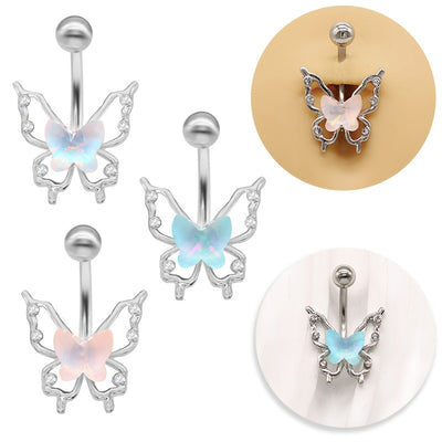 Elegant Tropical Butterfly Navel Ring - 316 Stainless Steel with Rhinestone and Acrylic Inlay