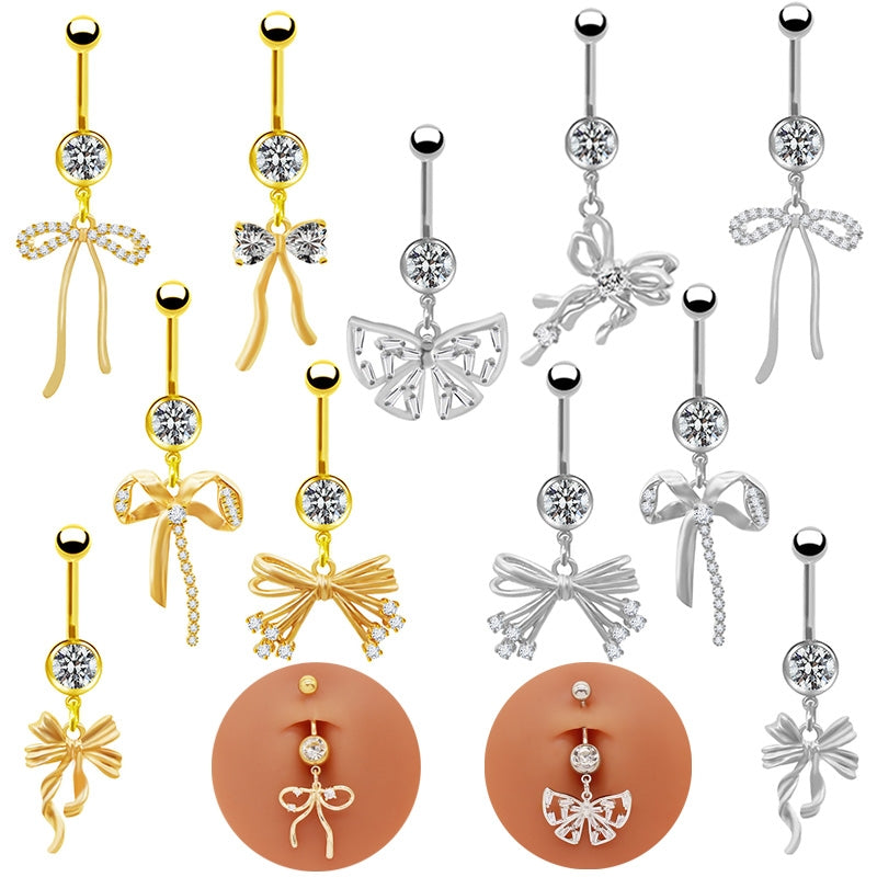 Elegant Bow Knot Belly Ring - 316 Stainless Steel with Rhinestones and Gold Plating