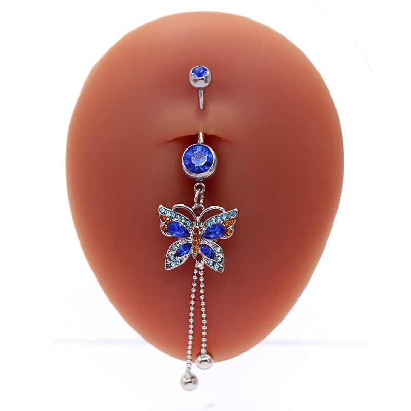 Elegant Heart-Shaped Butterfly Belly Button Ring with Rhinestones and Opal in White Gold Plated Stainless Steel