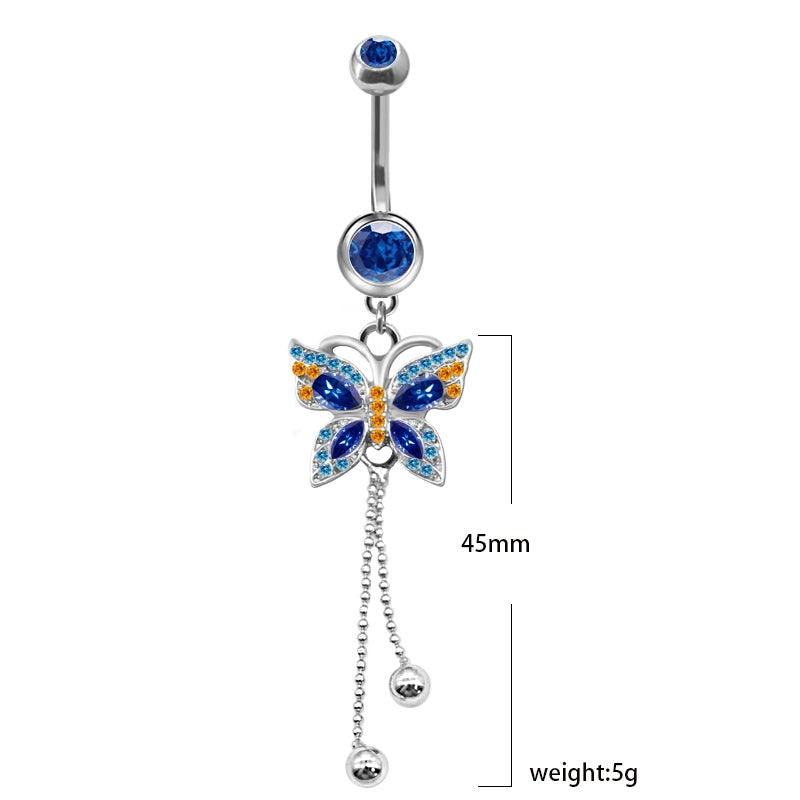 Elegant Heart-Shaped Butterfly Belly Button Ring with Rhinestones and Opal in White Gold Plated Stainless Steel