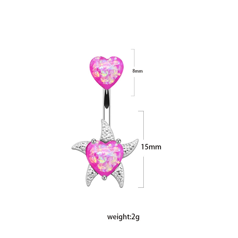 Elegant Heart-Shaped Butterfly Belly Button Ring with Rhinestones and Opal in White Gold Plated Stainless Steel