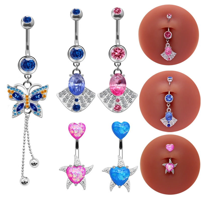 Elegant Heart-Shaped Butterfly Belly Button Ring with Rhinestones and Opal in White Gold Plated Stainless Steel