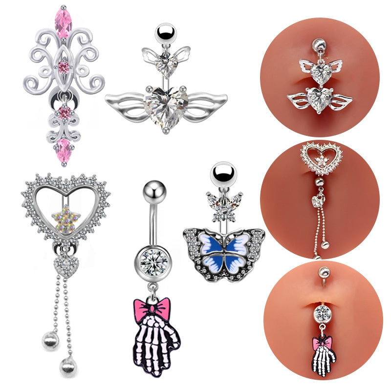 Elegant Heart Shape Butterfly Wings White Gold Plated Zircon Belly Ring