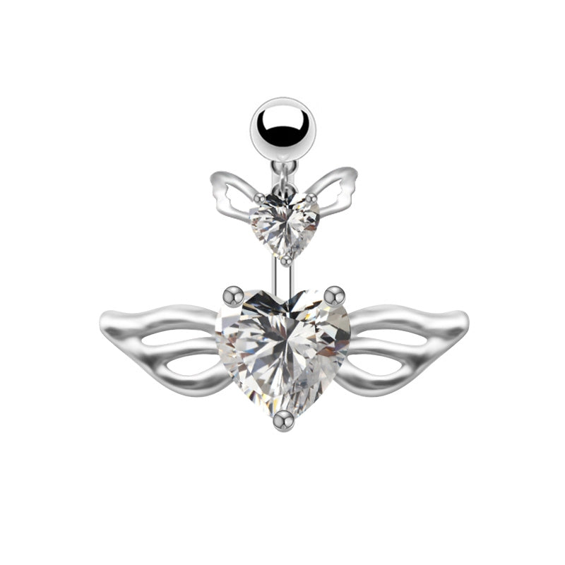 Elegant Heart Shape Butterfly Wings White Gold Plated Zircon Belly Ring