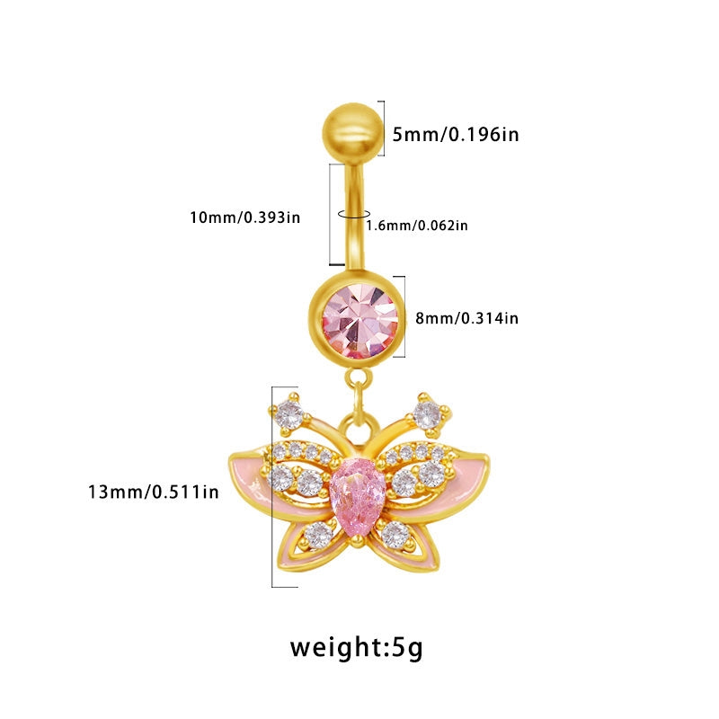 Elegant Sun & Moon Butterfly Belly Ring - 316 Stainless Steel with Rhinestones and Gold Plating