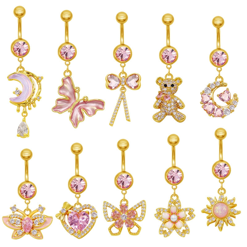 Elegant Sun & Moon Butterfly Belly Ring - 316 Stainless Steel with Rhinestones and Gold Plating