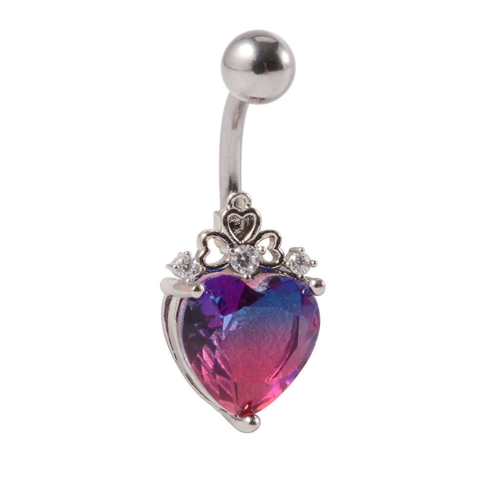 Heart Shape Zircon Inlay Stainless Steel Belly Ring with Rainbow Zircon Stones