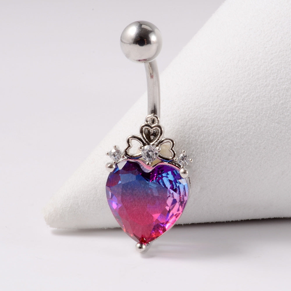 Heart Shape Zircon Inlay Stainless Steel Belly Ring with Rainbow Zircon Stones