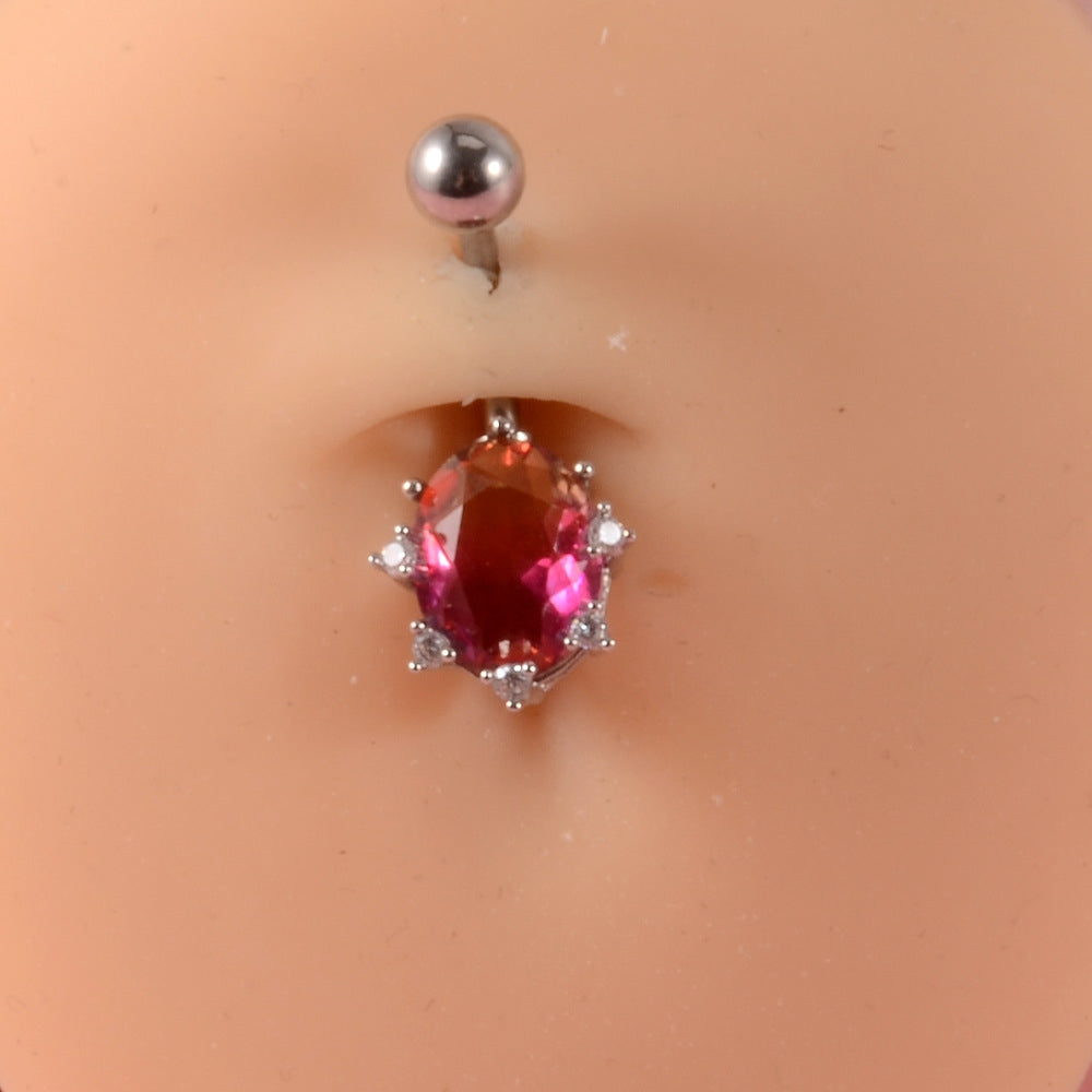 Heart Shape Zircon Inlay Stainless Steel Belly Ring with Rainbow Zircon Stones