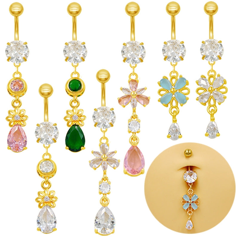 1 Piece Belly Rings French Style IG Style Water Droplets Petal 316 Stainless Steel  Alloy Inlay Resin Rhinestones Glass Gold Plated