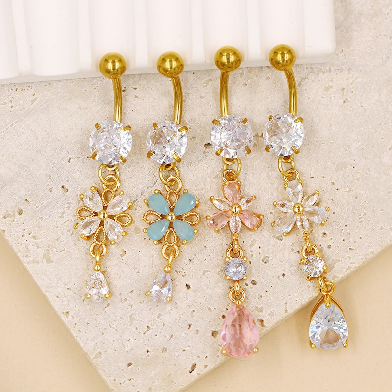 1 Piece Belly Rings French Style IG Style Water Droplets Petal 316 Stainless Steel  Alloy Inlay Resin Rhinestones Glass Gold Plated