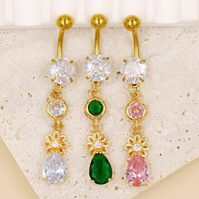 1 Piece Belly Rings French Style IG Style Water Droplets Petal 316 Stainless Steel  Alloy Inlay Resin Rhinestones Glass Gold Plated