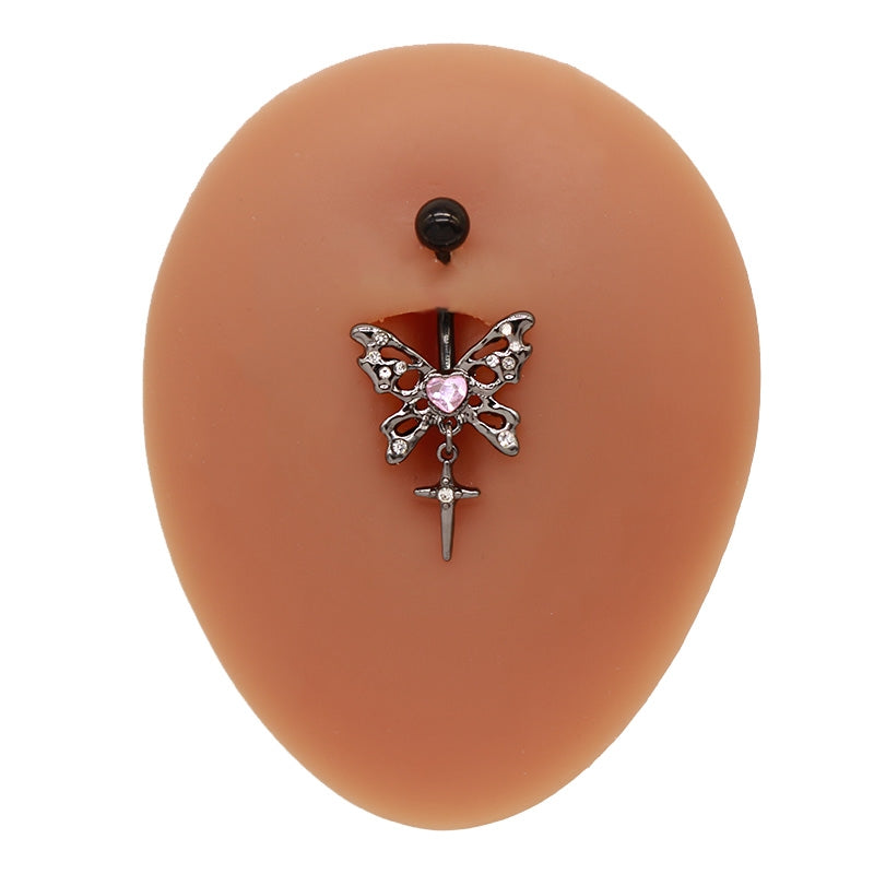 Hip-Hop Exaggerated Rock Lips Butterfly Skull Belly Button Ring - Stainless Steel Alloy with Rhinestones and White Gold Plating