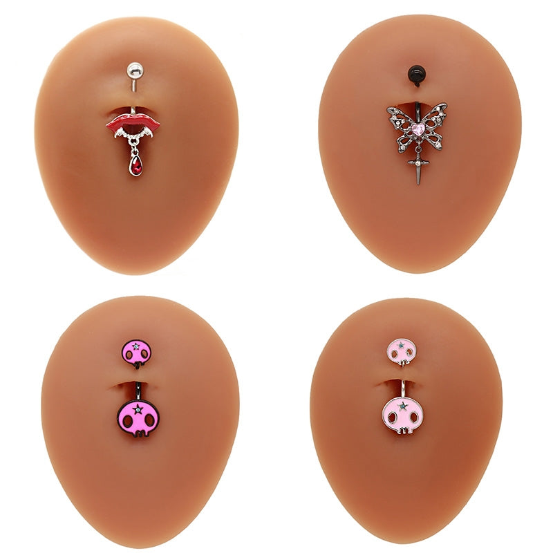 Hip-Hop Exaggerated Rock Lips Butterfly Skull Belly Button Ring - Stainless Steel Alloy with Rhinestones and White Gold Plating