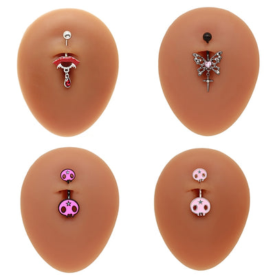 Hip-Hop Exaggerated Rock Lips Butterfly Skull Belly Button Ring - Stainless Steel Alloy with Rhinestones and White Gold Plating