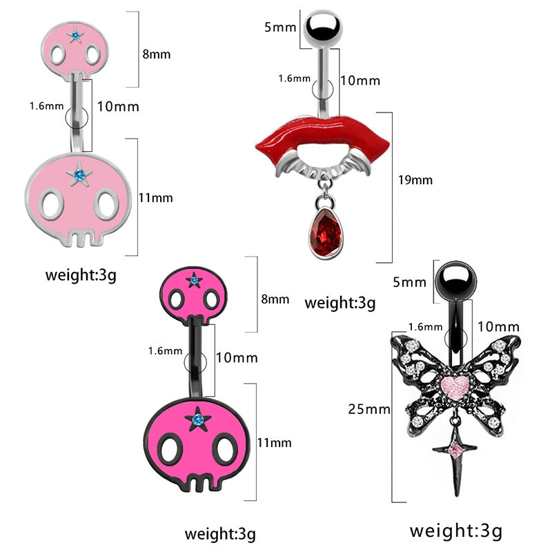 Hip-Hop Exaggerated Rock Lips Butterfly Skull Belly Button Ring - Stainless Steel Alloy with Rhinestones and White Gold Plating