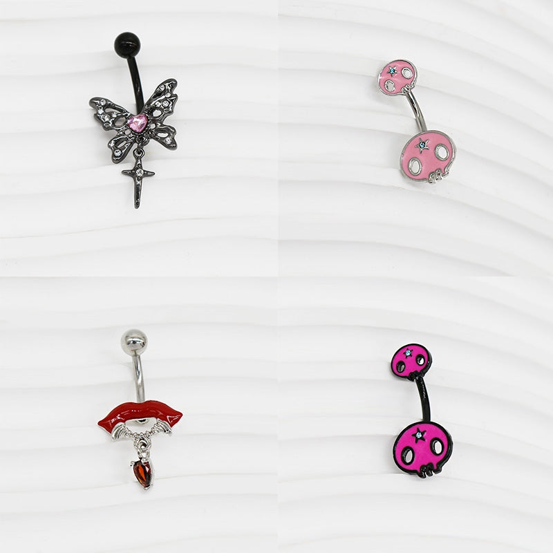Hip-Hop Exaggerated Rock Lips Butterfly Skull Belly Button Ring - Stainless Steel Alloy with Rhinestones and White Gold Plating