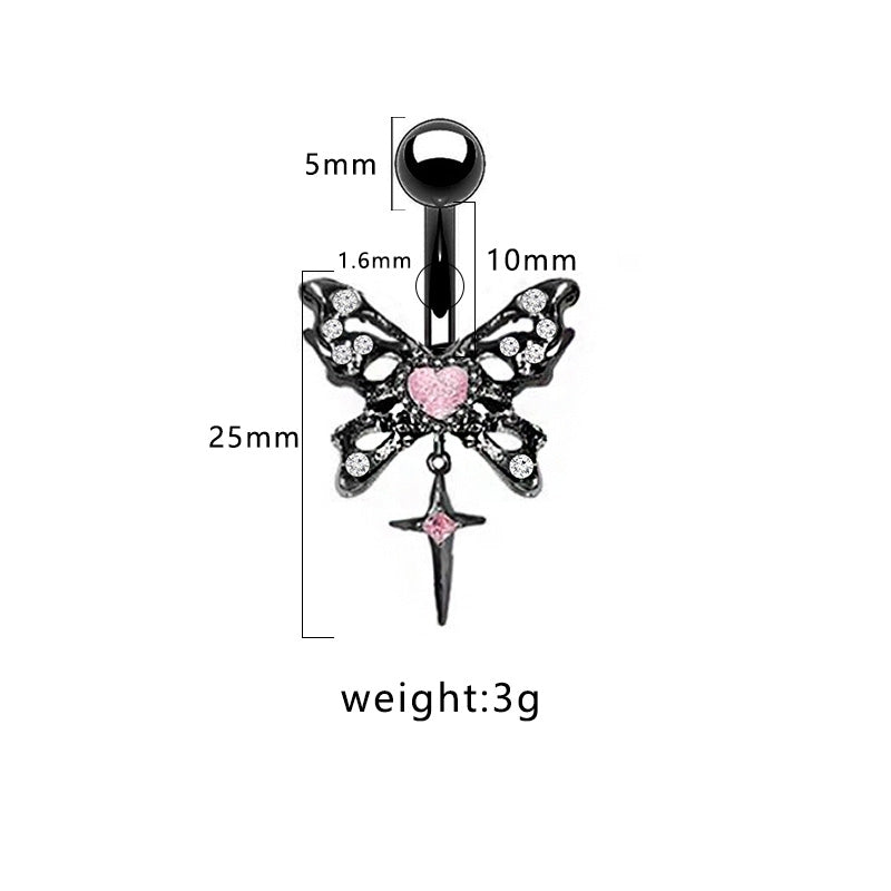 Hip-Hop Exaggerated Rock Lips Butterfly Skull Belly Button Ring - Stainless Steel Alloy with Rhinestones and White Gold Plating