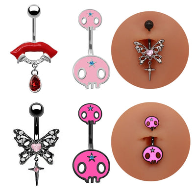 Hip-Hop Exaggerated Rock Lips Butterfly Skull Belly Button Ring - Stainless Steel Alloy with Rhinestones and White Gold Plating