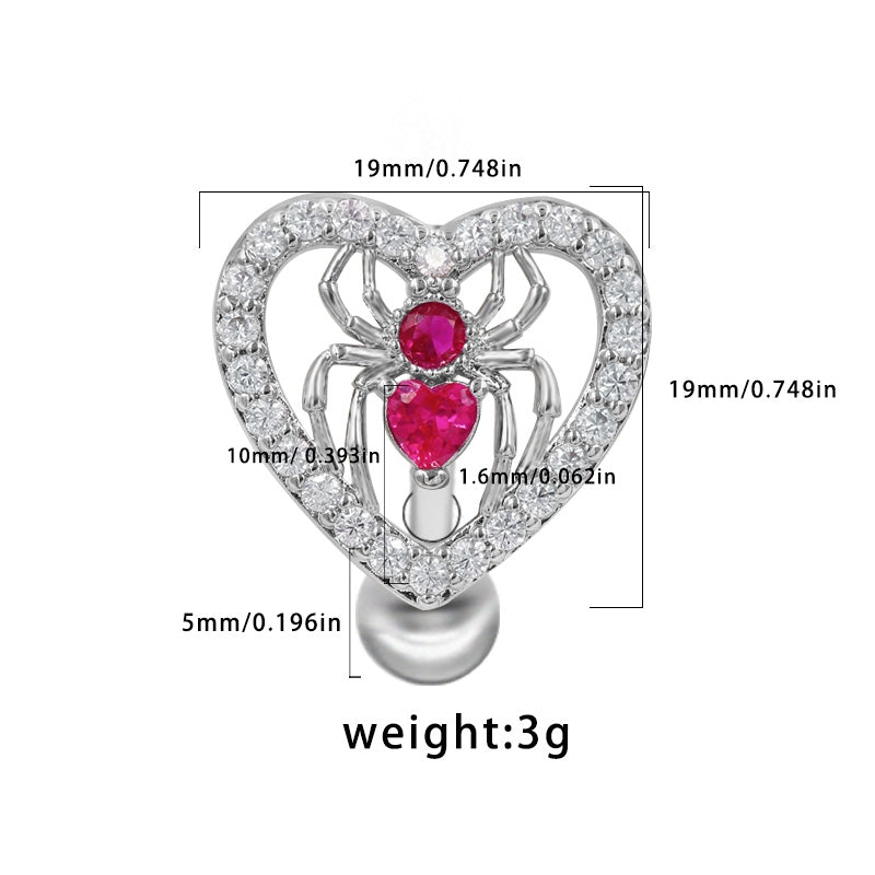 Heart Shape Winged Spider Belly Ring with Rhinestone Inlay - Gold & Silver Plated