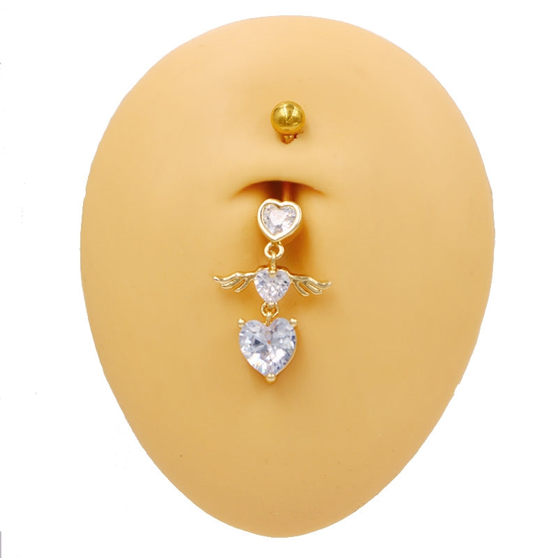 Heart Shape Winged Spider Belly Ring with Rhinestone Inlay - Gold & Silver Plated