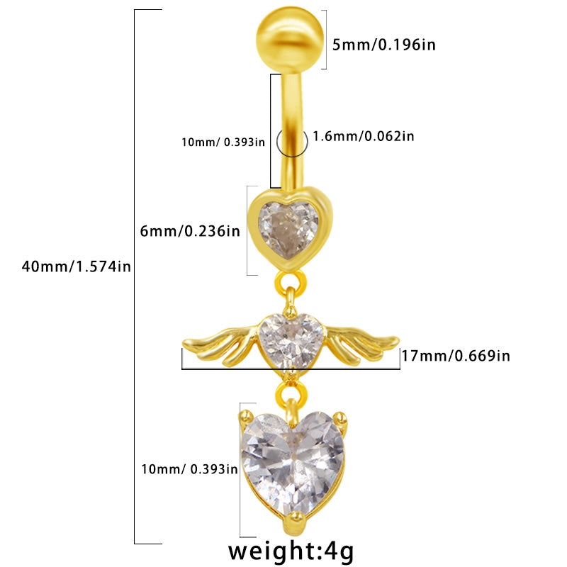 Heart Shape Winged Spider Belly Ring with Rhinestone Inlay - Gold & Silver Plated