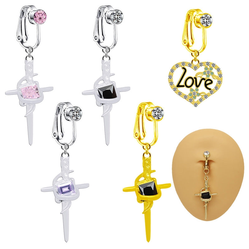 Vintage Cross Heart Belly Ring - 316 Stainless Steel with Rhinestones, Gold Plated