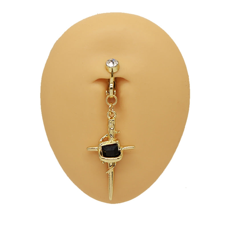 Vintage Cross Heart Belly Ring - 316 Stainless Steel with Rhinestones, Gold Plated