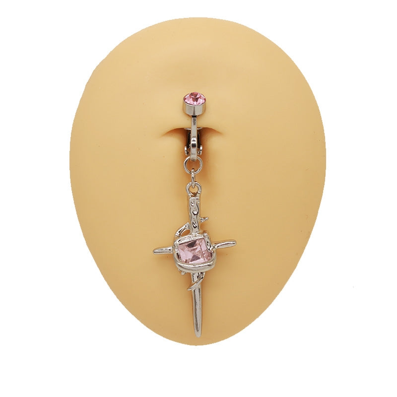 Vintage Cross Heart Belly Ring - 316 Stainless Steel with Rhinestones, Gold Plated