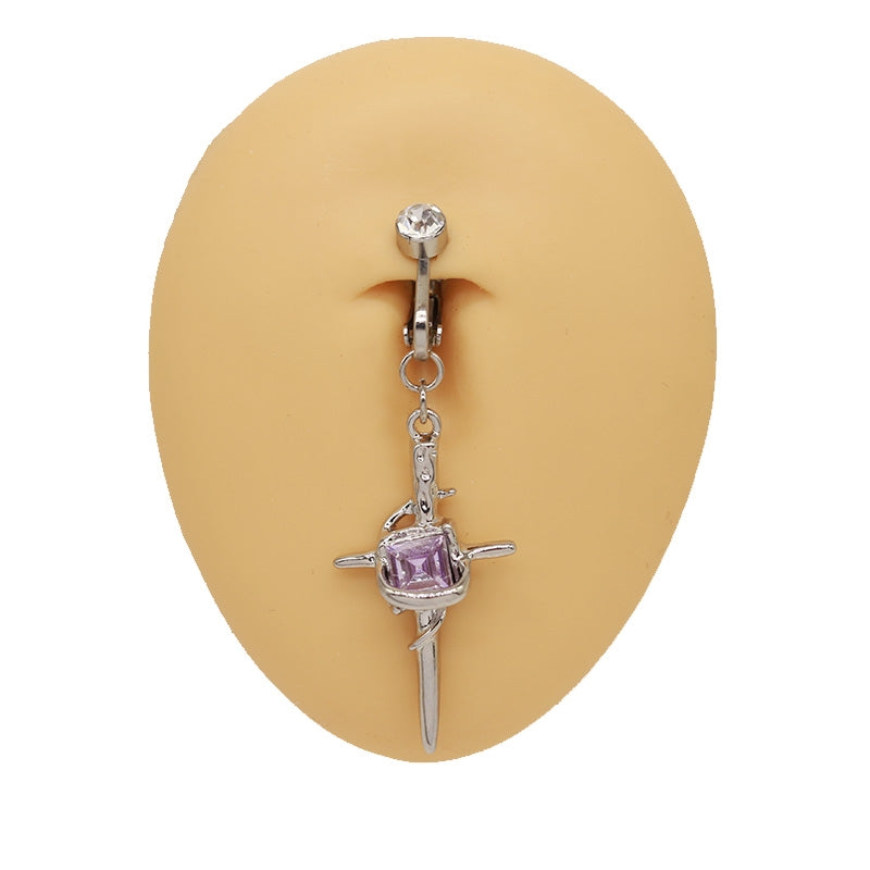 Vintage Cross Heart Belly Ring - 316 Stainless Steel with Rhinestones, Gold Plated