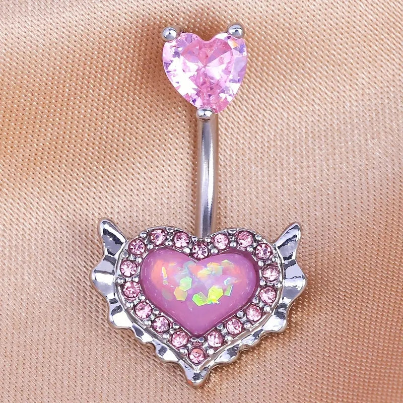 Heart Shape Zircon Inlay Belly Ring with Butterfly and Wing Accents