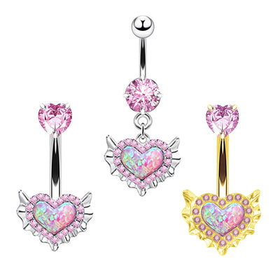 Heart Shape Zircon Inlay Belly Ring with Butterfly and Wing Accents