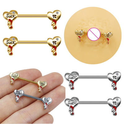 Nordic Gothic Heart Shape Belly and Nipple Rings - 316 Stainless Steel with Rhinestone Inlay, White and Gold Plated