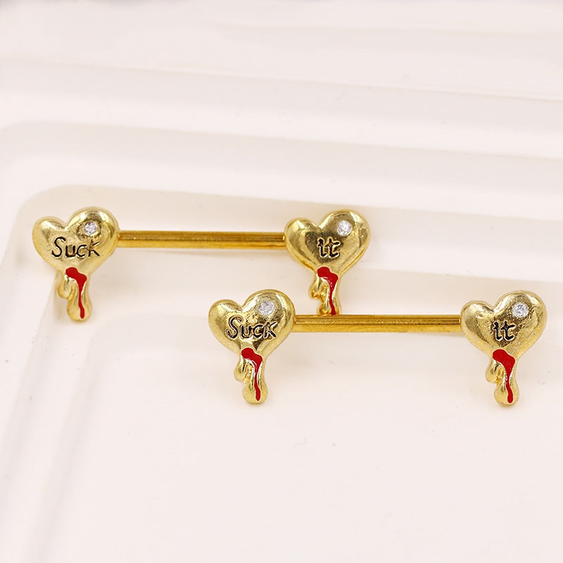 Nordic Gothic Heart Shape Belly and Nipple Rings - 316 Stainless Steel with Rhinestone Inlay, White and Gold Plated