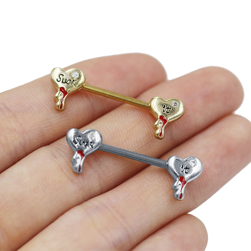 Nordic Gothic Heart Shape Belly and Nipple Rings - 316 Stainless Steel with Rhinestone Inlay, White and Gold Plated