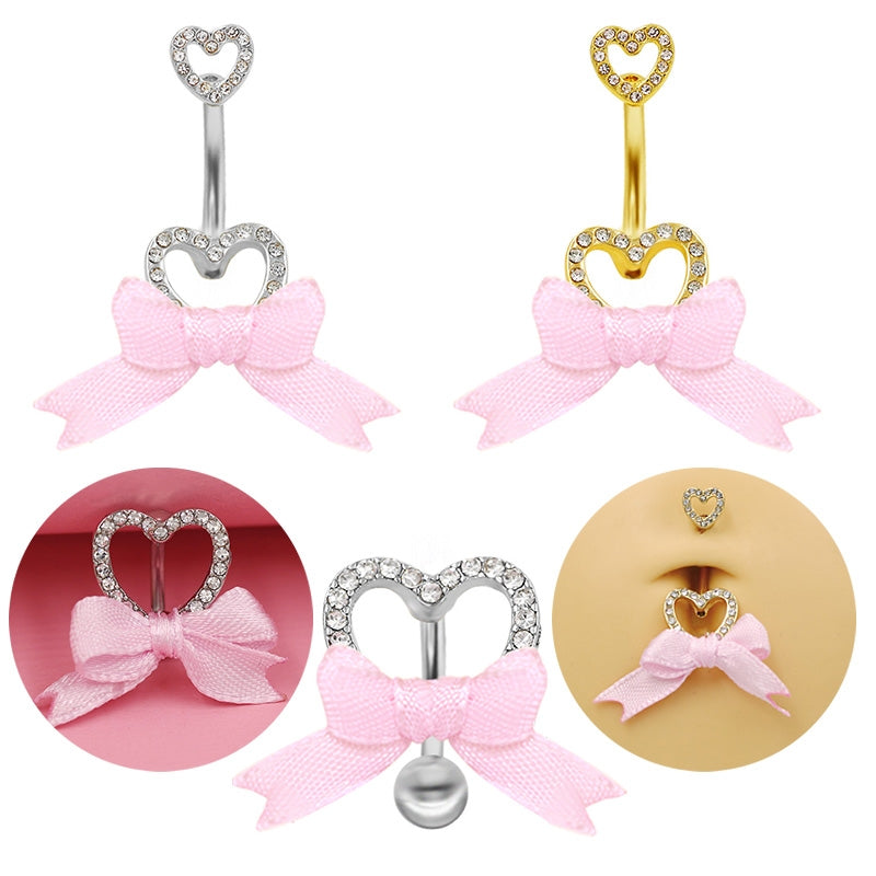 1 Piece Belly Rings IG Style Shiny Heart Shape Bow Knot 316 Stainless Steel  Alloy Inlay Rhinestones Glass Gold Plated