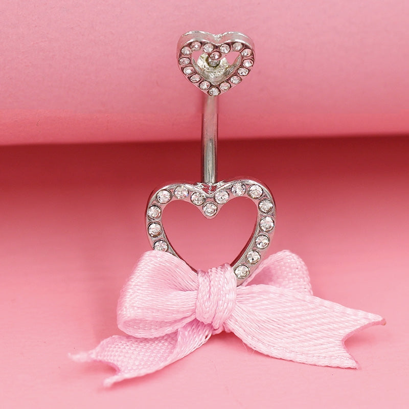 1 Piece Belly Rings IG Style Shiny Heart Shape Bow Knot 316 Stainless Steel  Alloy Inlay Rhinestones Glass Gold Plated