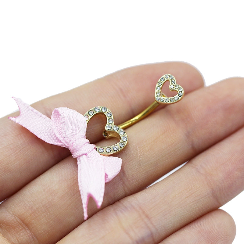 1 Piece Belly Rings IG Style Shiny Heart Shape Bow Knot 316 Stainless Steel  Alloy Inlay Rhinestones Glass Gold Plated