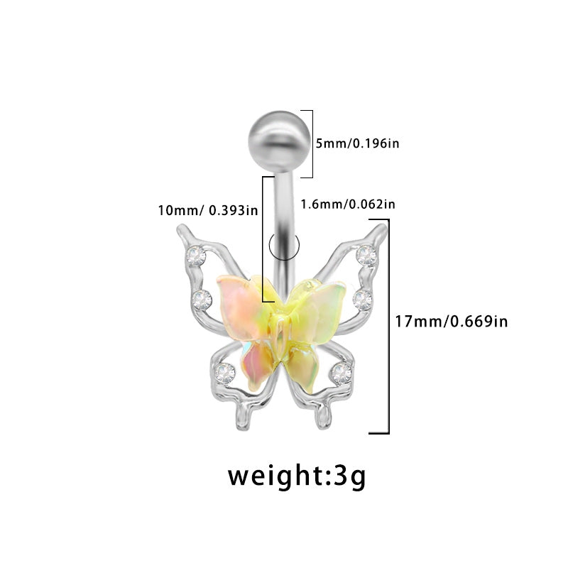 1 Piece Belly Rings Princess Cute Shiny Butterfly 316 Stainless Steel  Alloy Plating Inlay Acrylic Rhinestones White Gold Plated