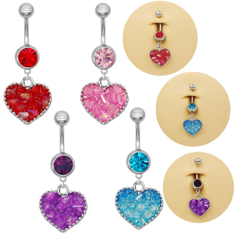 1 Piece Heart Shape Belly Ring - Punk Simple Style, 316 Stainless Steel with Rhinestone Inlay, White Gold Plated