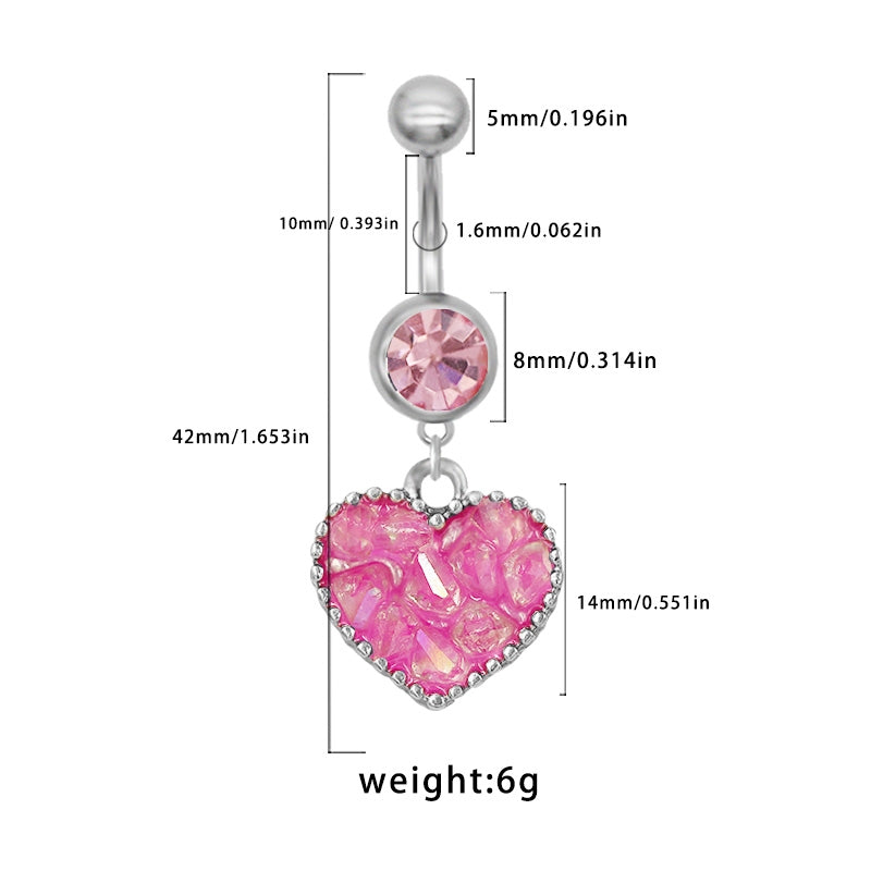 1 Piece Heart Shape Belly Ring - Punk Simple Style, 316 Stainless Steel with Rhinestone Inlay, White Gold Plated